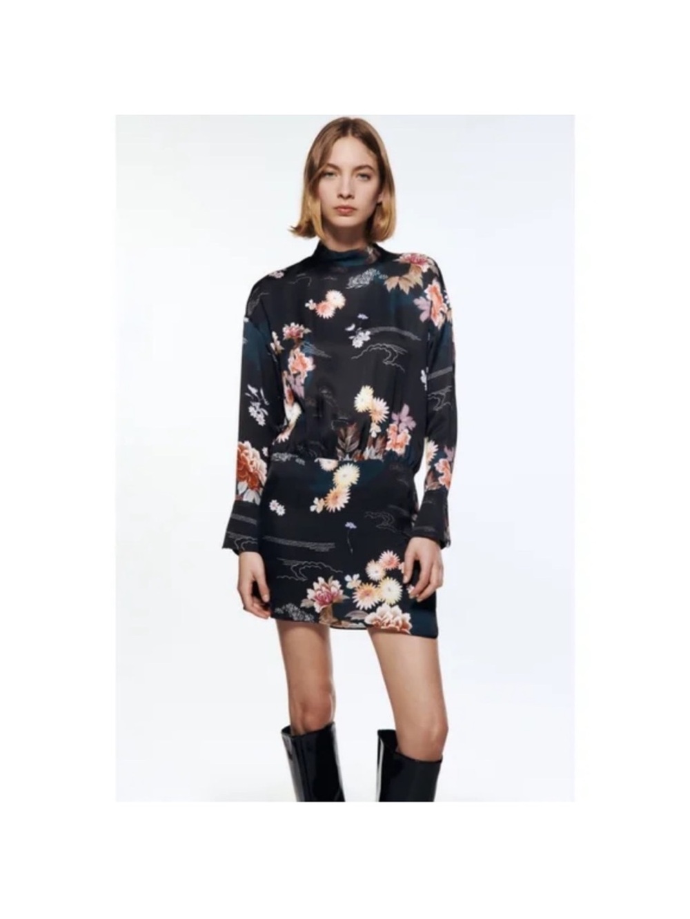 Zara Floral Mock-Neck Mini Dress in Black